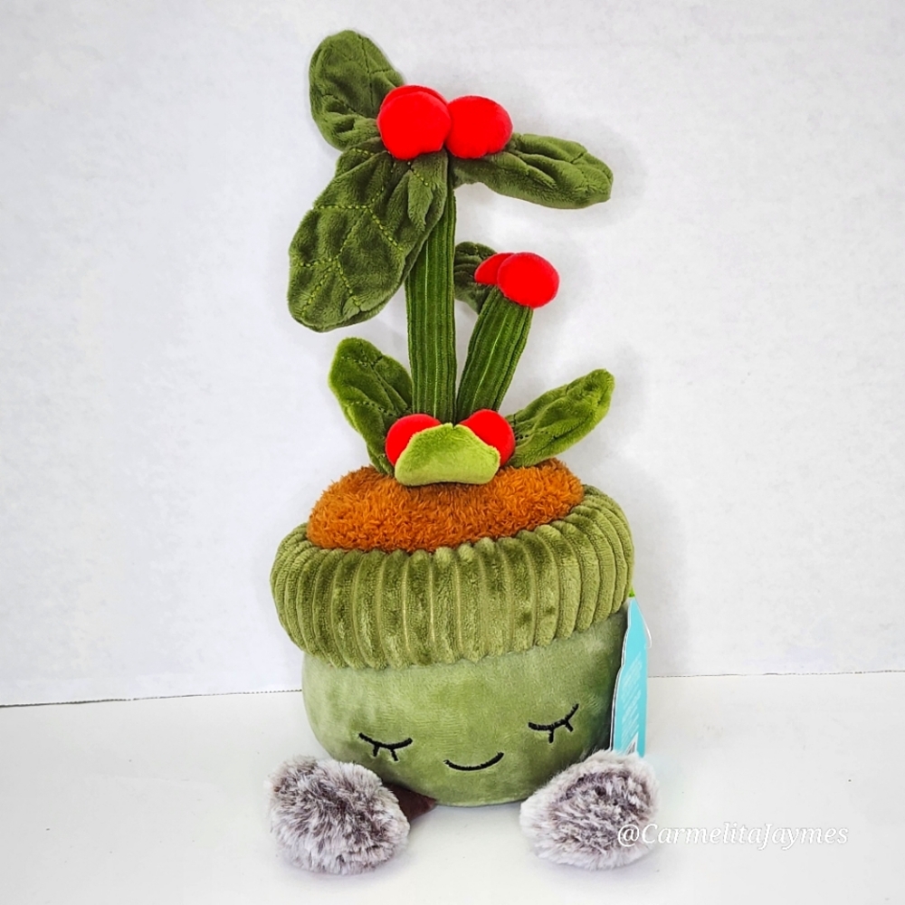 HOLLY PLANT 🌺 Red & Green Holly Potted Plant Plush W Fur Feet & Sleepy Face NWT
